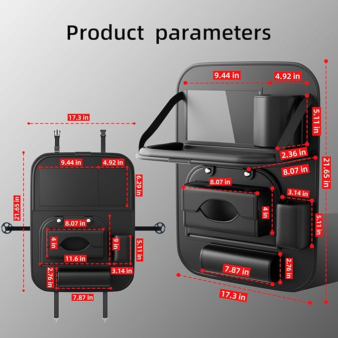 Universal Premium Leather Foldable Car Backseat Organizer with Table Tray, Car Seat Back Protector with Garbage Bag Touch Screen Pad Holder, Car Kick Mats Protector with Tissue Holder (Black)