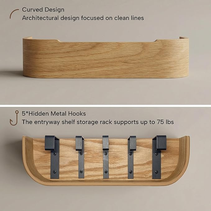 Wall Mount Key Holder with 5 Hidden Hooks Modern Key Hanger Rack Wood Entryway Hook Mail Organizer Tray Shelf Home Decor for 