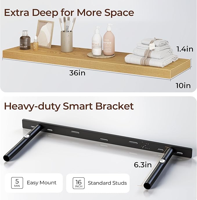 Fun Memories Floating Shelves for Wall 36 Inch Set of 3, Farmhouse Floating Shelves with Invisible Heavy Duty Bracket, 10 Inc