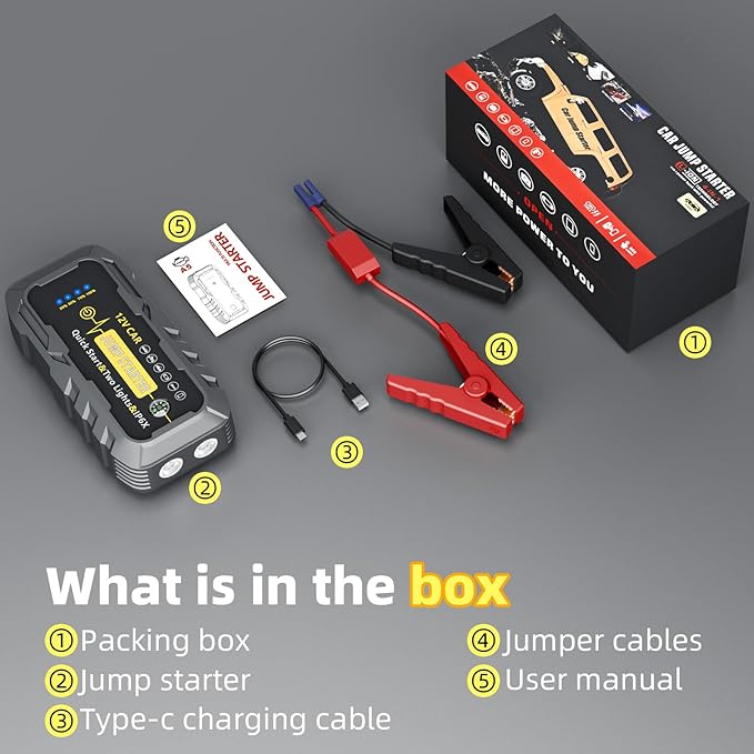 Car Battery Jump Starter, 3000A Peak Car Jumper Starter Battery Pack with Power Bank, 12V Portable Battery Booster Pack with LED Light and Jumper Cabled for Up to 8L Gas & 6.5L Diesel Engines