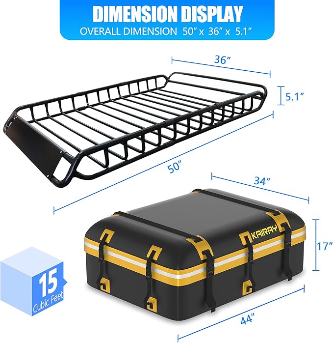 KAIRAY Roof Rack Cargo Basket 50"(L) x 36"(W) x 5.1"(H) Extendable Universal Rooftop Luggage Carrier for Truck Cars SUV with Waterproof Cargo Bag, Cargo Net, Ratchet Straps & Outdoor Combination Lock
