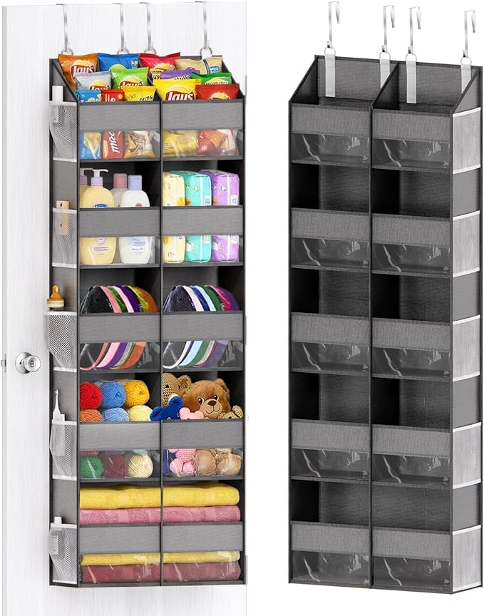 Over The Door Organizer with 5 Shelves, 9 Compartments + 10 Side Pockets, 90+ lbs Weight Capacity, Heavy-Duty Behind the Door