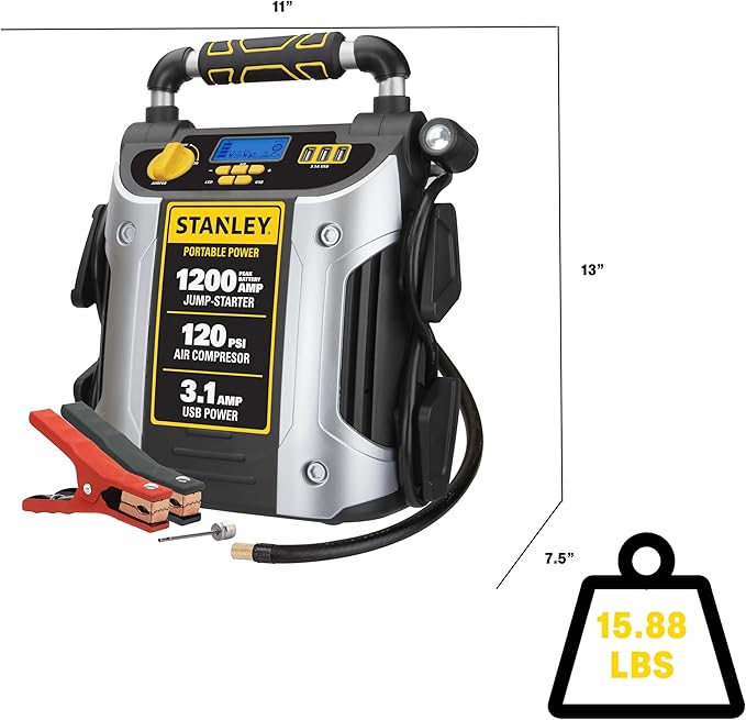 Stanley J5C09D 1200 Peak Amp Automotive Jump Starter, Portable Power - 2.1A/10W USB Port, 120 PSI Air Compressor
