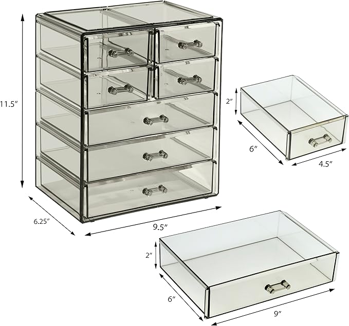 Sorbus Acrylic Makeup Organizer Set, 7-Drawer Vanity & Countertop Cosmetic Storage with Small & Wide Drawers, Black Jewel Mak