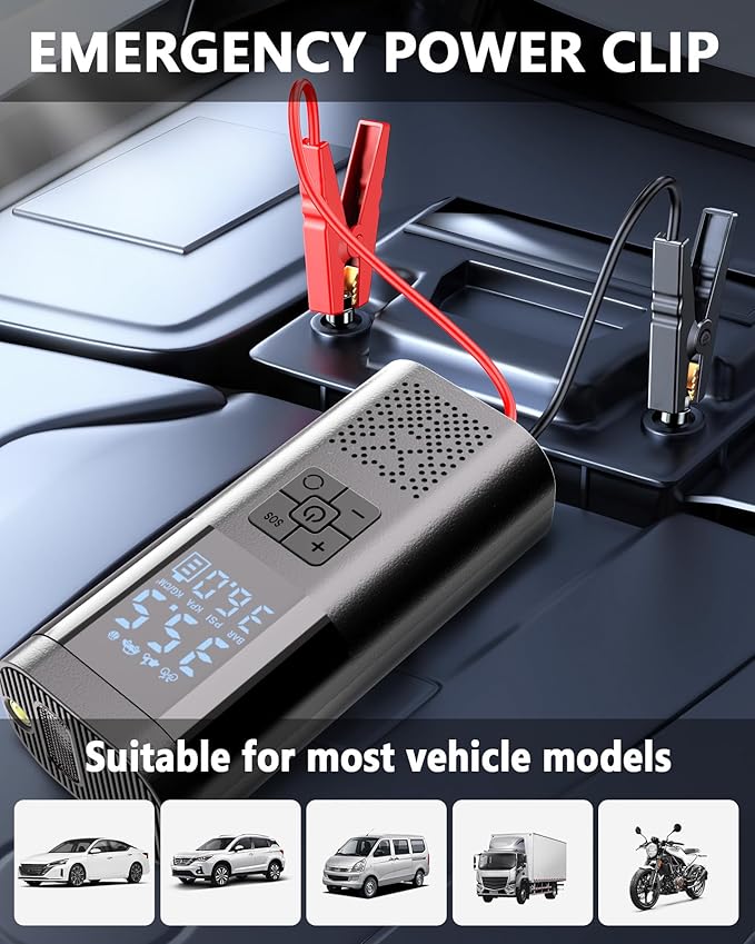 Jump Starter with Air Compressor, 6000mAh 150PSI Battery Jumper Starter Portable, 14.8V Jump Box Car Battery Jump Starter with Smart Jumper Cables, LED Light, LCD Display