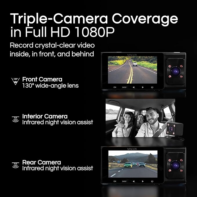 Minolta Dash Camera – 3-Channel 1080P Car DVR with Rear & Interior Cam, Night Vision, 3.0” LCD Screen, G-Sensor, Loop Recordi