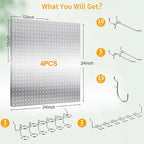 FZK Peg Board, 4 Pack Metal Pegboard Kit,Silver Pegboard Wall Organizer with 32 Pcs Hooks, Peg Board for Walls Home, Garage T