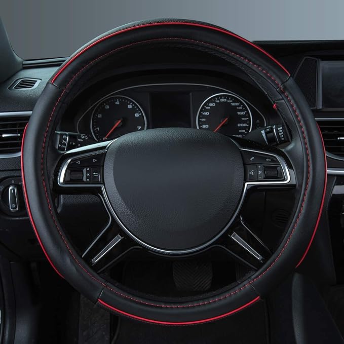 Car Pass Colour Piping Leather Steering Wheel Cover,Perfectly fit for 14.5-15 inches for Various Vehicles SUVs,Vans,Sedans,Ca