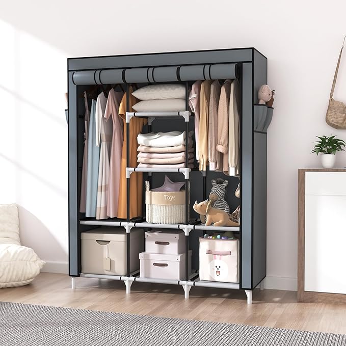 VTRIN Portable Closet Wardrobe for Hanging Clothes with 2 Hanging Rods and 8 Storage Organizer Shelves,Sturdy Large Wardrobe 