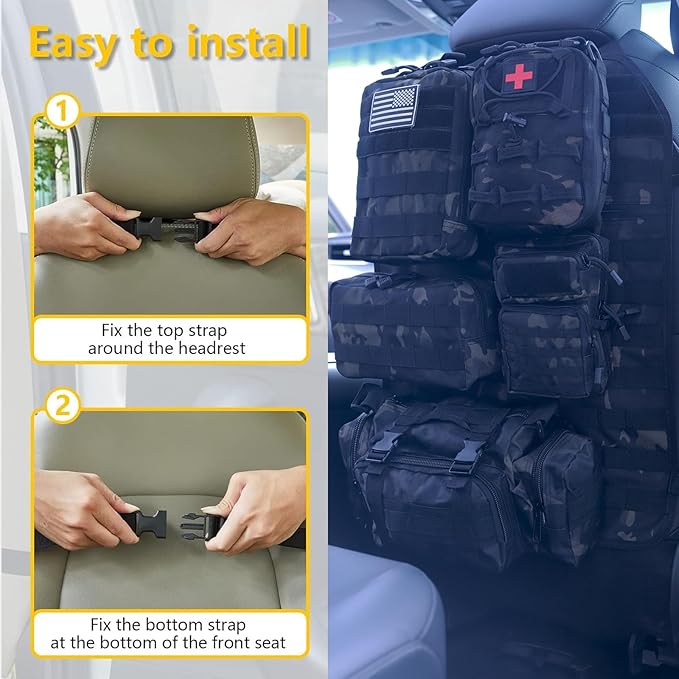 Universal Tactical Car Seat Back Organizer Bag Tactical Molle Vehicle Organizers Panel Vehicle Protector Organizers with 5 Detachable Pouches for Car Truck Ford Jeep (Model A-Black camo)