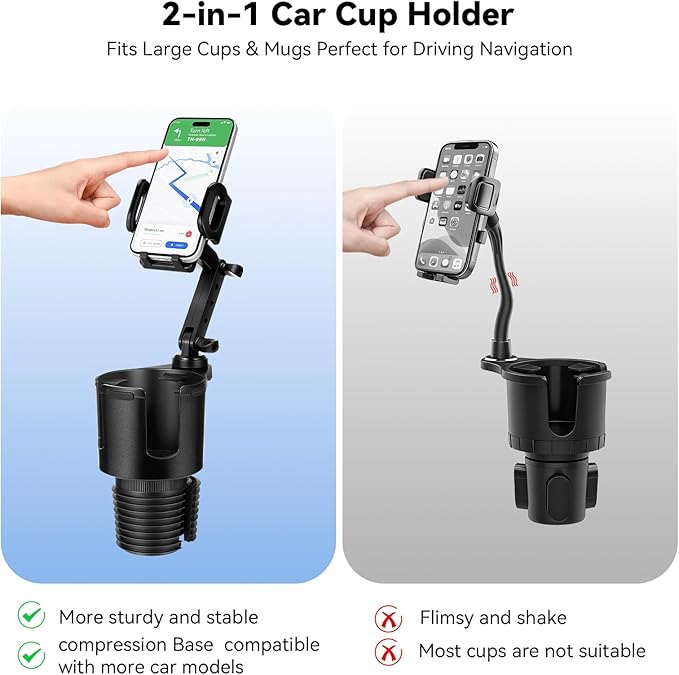 Cup Holder Phone Mount for Car, 2-in-1 Cup Holder Expander with Phone Mount, Universal Adjustable Phone Holder Mount, Long Arm & 360° Rotation for All Smartphones