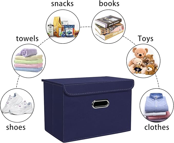 Linen Fabric Foldable Collapsible Storage Cube Bin Organizer Basket Fabric Storage Bins with Lid, Leather Handles, Removable 