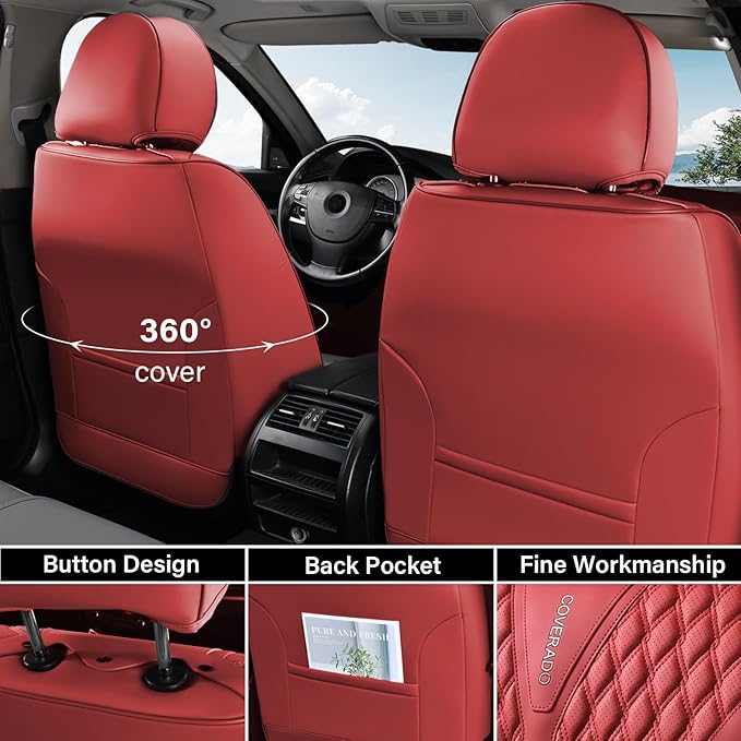 Coverado Car Seat Covers Full Set, Waterproof Nappa Leather Seat Covers for Cars, Front and Back Car Seat Protector, Luxury C