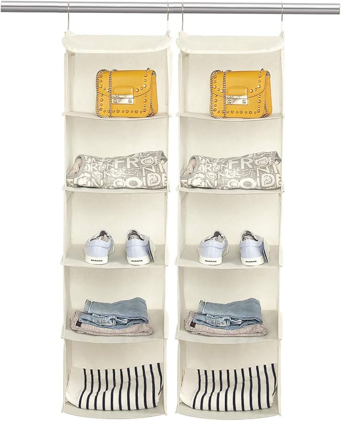 BrilliantJo 5 Shelves Hanging Closet Organizer, 2 Pack Hanging Storage with 6 Side Pockets for Clothes Shoes, 43"x12"x12"(Bei