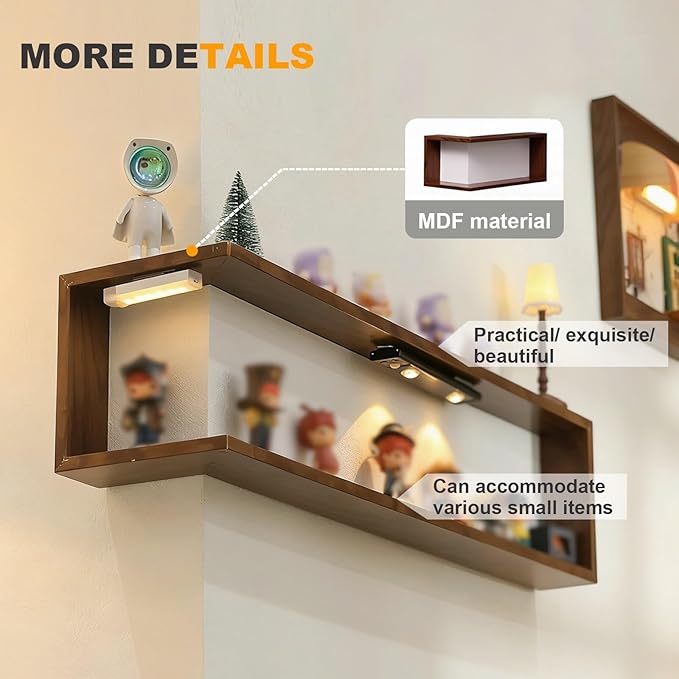 Corner Shelf Wall Mounted, Set of 3 Floating Shelves, 90° Coner Wooden Storage Rack for Ornaments Figurines Collectibles Disp