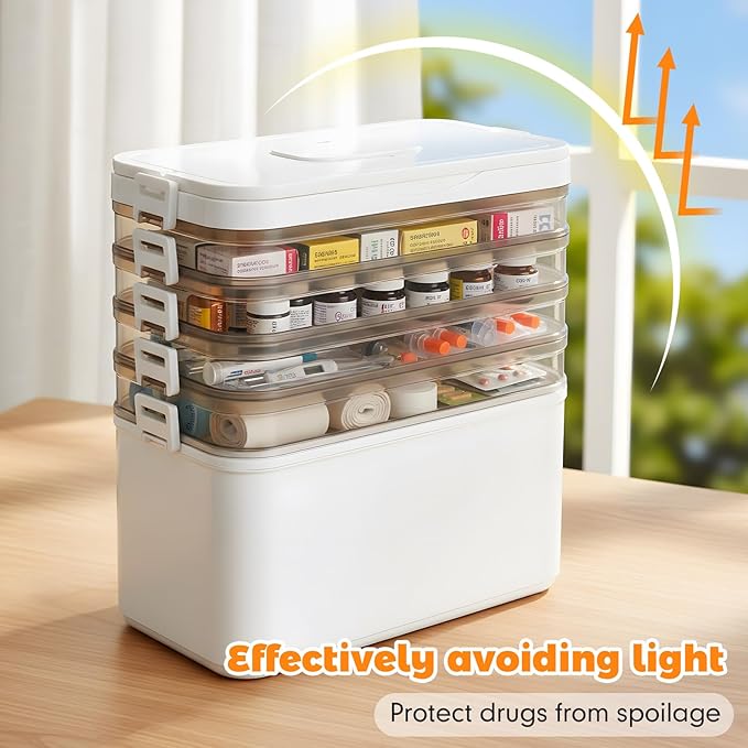 5-Tier Medicine Organizer-12 x 7 x 12.2 Inch Portable Medicine Cabinet Organizer with Plastic Handle All-Purpose Medical Box 