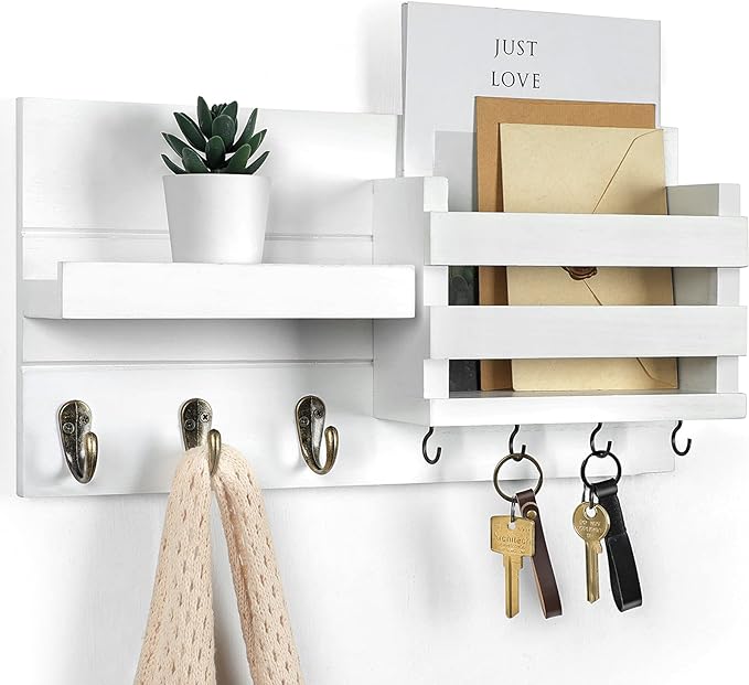 Lwenki Mail Organizer for Wall Mount – Key Holder with Shelf Includes Letter Holder and Hooks for Coats, Dog Leashes – Rustic
