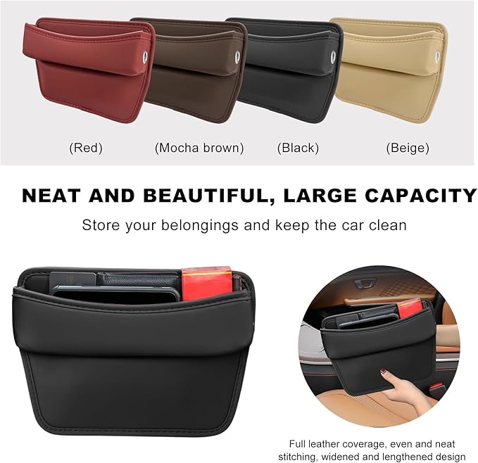 Large Capacity Car Seat Gap Filler Organizer, Leather Car Front Seat Slot Storage Box Keeps Car Tidy, Portable Car Seat Gap Filler with 2 Charge Holes for Phones Glasses Keys Cards (Black)