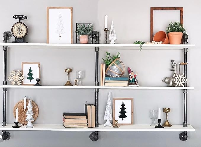Industrial Pipe Shelving Rustic White Pipe Wall Shelves Industrial Shelves with Wood Planks Floating Shelves 60 Inch Farmhous