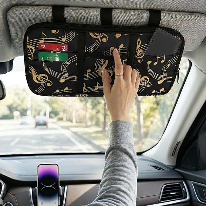 Musical Notes Car Sun Visor Storage Bag, Auto Interior Accessories Pocket Organizer, Multi-Pocket Visor Organizer Storage Pouch Fits Most Vehicles