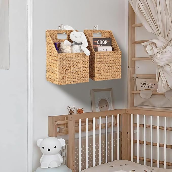 Wicker Hanging Storage Basket (10,5"Lx6,5"Wx13"H), Set of 2 Wall Baskets, Water Hyacinth Baskets, Wall Decor Hyacinth Basket 