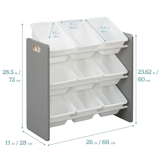 ECR4Kids 3-Tier Organizer with 9 Bins, Toy Storage, Grey/White
