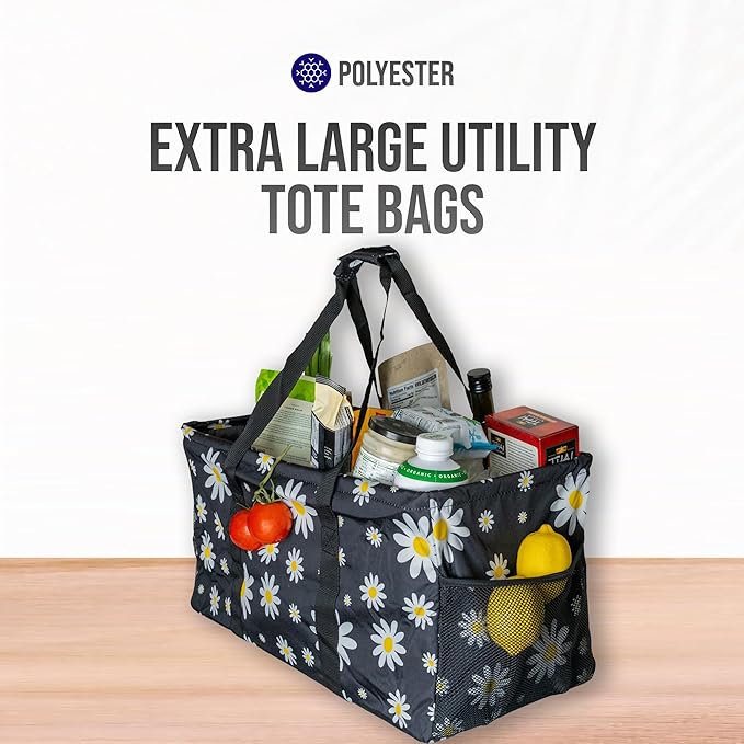Extra Large Utility Tote Bag - Oversized Collapsible Reusable Wire Frame Rectangular Canvas Basket With Two Exterior Pockets For Beach, Pool, Laundry, Car Trunk, Storage - Black Daisy