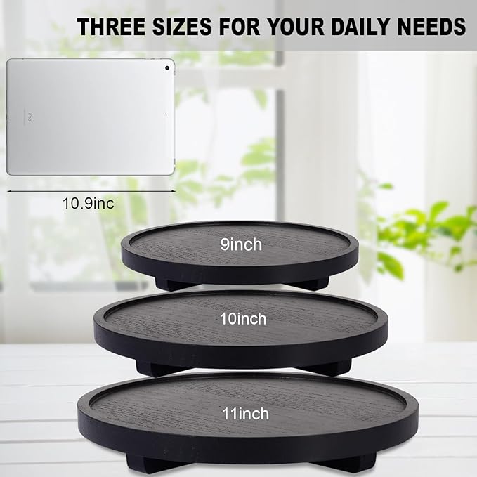 Round Decorative Tray Wood Bathroom Counter Organizer Farmhouse Kitchen Decor Wooden Riser for Soap Dish, Perfume, Candle, Sp