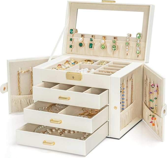 AKOZLIN Large 4-Tier Jewelry Box Leather Jewelry Storage Organizer with 3 Drawers Lockable for Women Girls Ring Necklace Earr