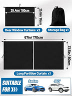 Set of 3 Car Privacy Curtains - 95% Light Blocking Fabric Rear Seat & Side Windows Divider Curtain Baby Shades, Wide Sedan SUV Sunshade Screen Covers for Travel Camping Nap Sleeping