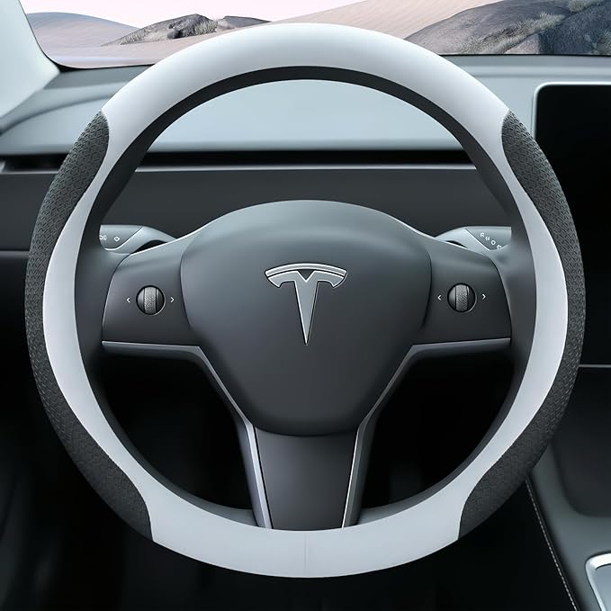 White Tesla Nappa Leather Steering Wheel Cover, Model 3/Y Accessories, Comfort Grip, Anti-Slip Breathable, Compatible with Te