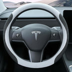 White Tesla Nappa Leather Steering Wheel Cover, Model 3/Y Accessories, Comfort Grip, Anti-Slip Breathable, Compatible with Te