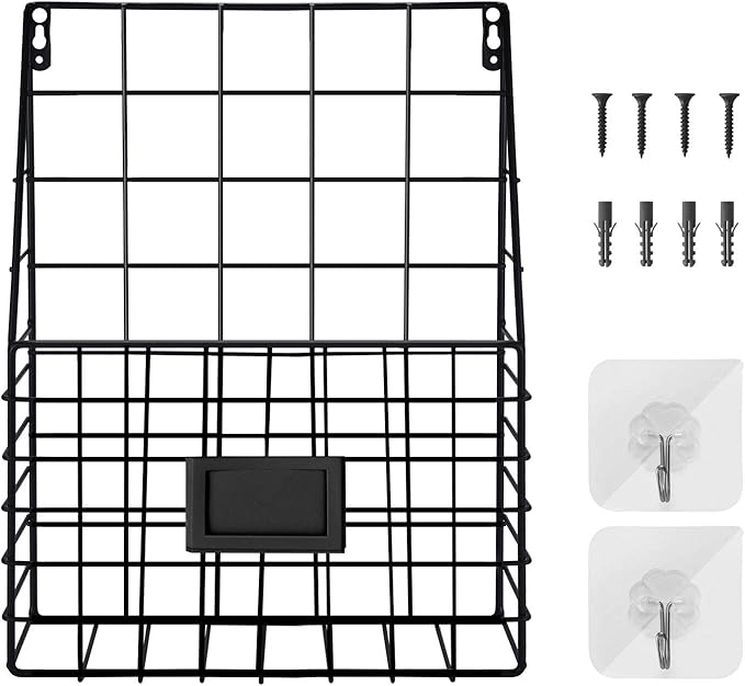 Flexzion Wall Mounted Magazine File Rack Organizer for Mail Entryway Kitchen Office Bathroom Home Basket Bin Decor Metal Wire