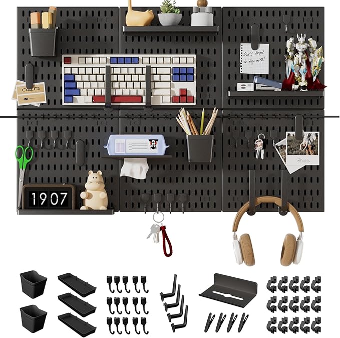 SHGJ&SOFT Peg Board Wall Organizer Panels, 50pcs - Includes 6 Black Pegboards & Accessories, Plastic Pegboard for Home，Office