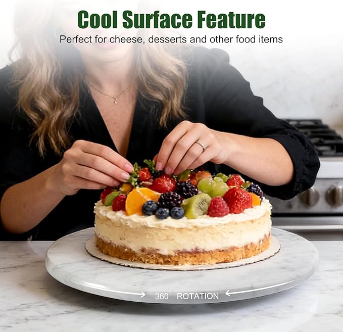 12" Marble Lazy Susan Turntable - 100% Natural Stone Round Serving Tray with Silent Spinning, Revolving Cake Stand & Cheese B
