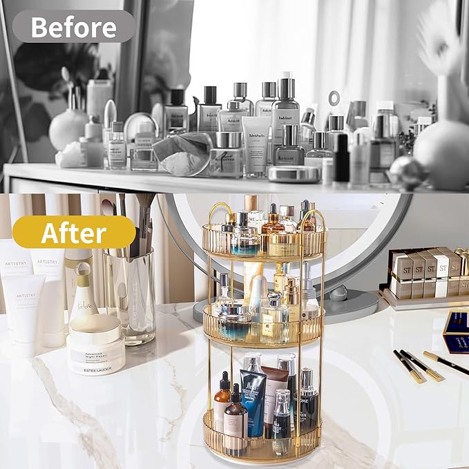 Asayuee 360 Rotating Makeup Organizer for Vanity,3 Tier Large Capacity Vanity Storage,Skincare Perfume Spinning Organizer,Bat