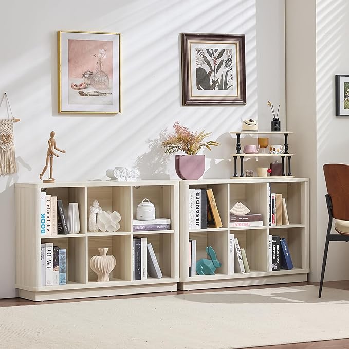 Joaxswe 6 Cube Bookcase, 40" Wide Horizontal 2-Tier Book Shelf w/Curved Edge, Wood Low Floor Standing Bookshelf with Base, Mo