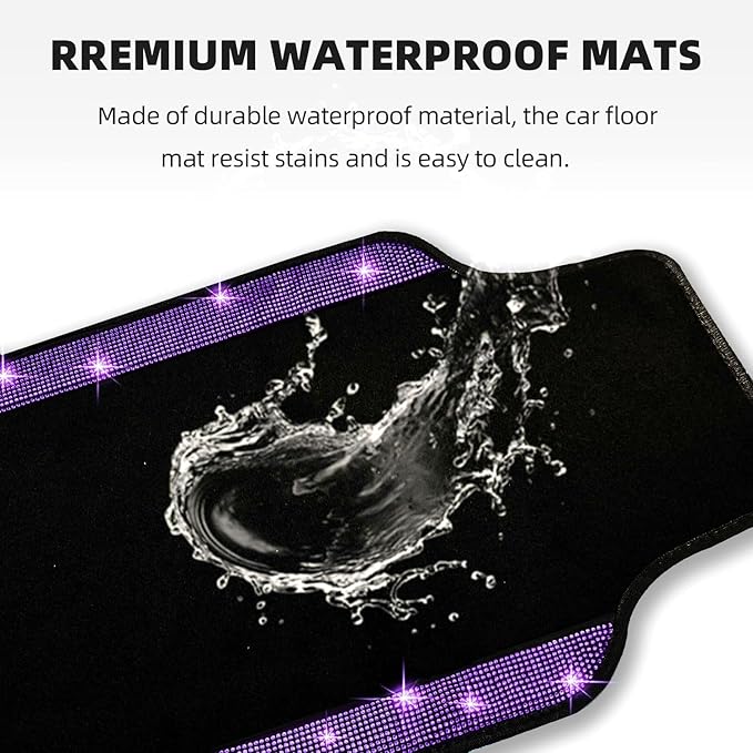 NBTEPEM Bling Car Floor Mats Full Set and Steering Wheel Cover, Universal Fit Most Cars, 4 pcs Sparkle Glitter Diamond Carpet, 5 pcs Bling Car Accessories Set for Women (Purple Violet Diamond)