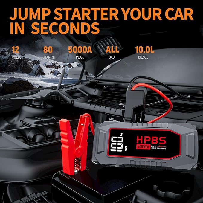 Car Jump Starter - 5000A Peak Jump Starter Battery Pack with DC for Up to All Gas and 10.0 L Diesel Engines 12V Portable