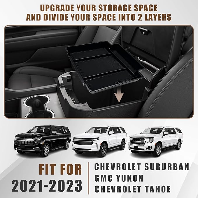 Muslogy for 2021-2026 Yukon Tahoe Suburban Center Console Tray Middle Organizer ABS Armrest Storage Box Compatible with GMC Yukon Tahoe Suburban 2021-2025 2026 Not for Sliding Console(Black)