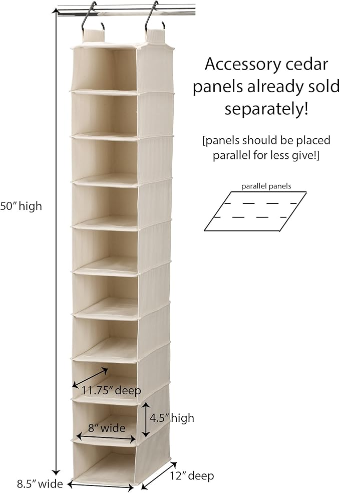 Household Essentials Hanging Shoe Organizer, 10 Wide Cubbies with Cedarline Pockets, Heavy-Duty Cotton Canvas, Removable and 