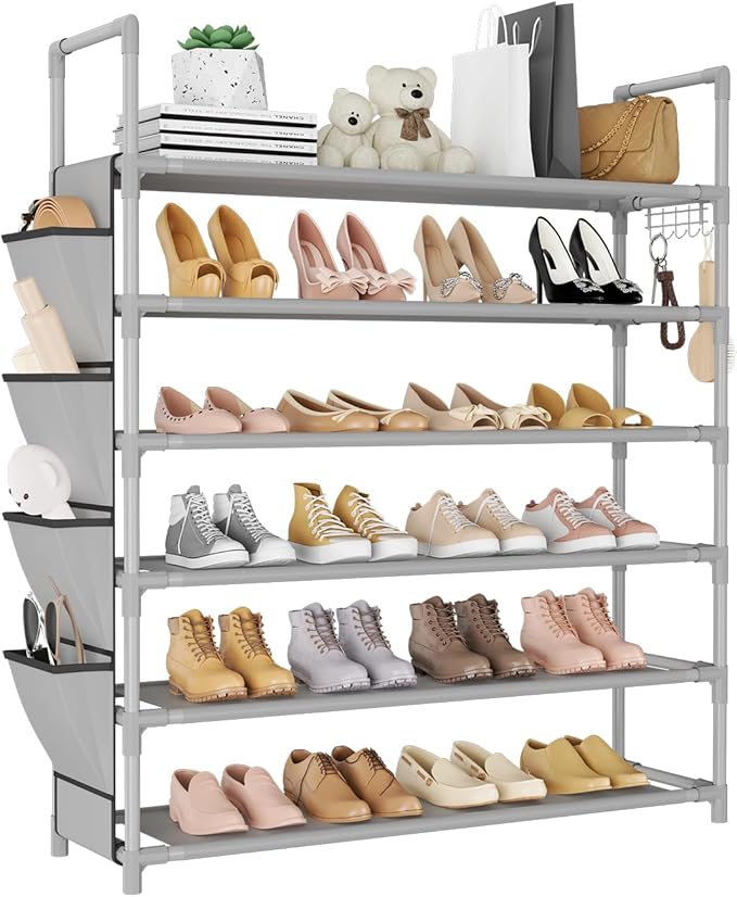 LANTEFUL 6 Tier Shoe Rack Storage for 24-30 Pairs Shoe and Boot, Shoe Organizer with Hook and Side Pocket Free Standing Long 