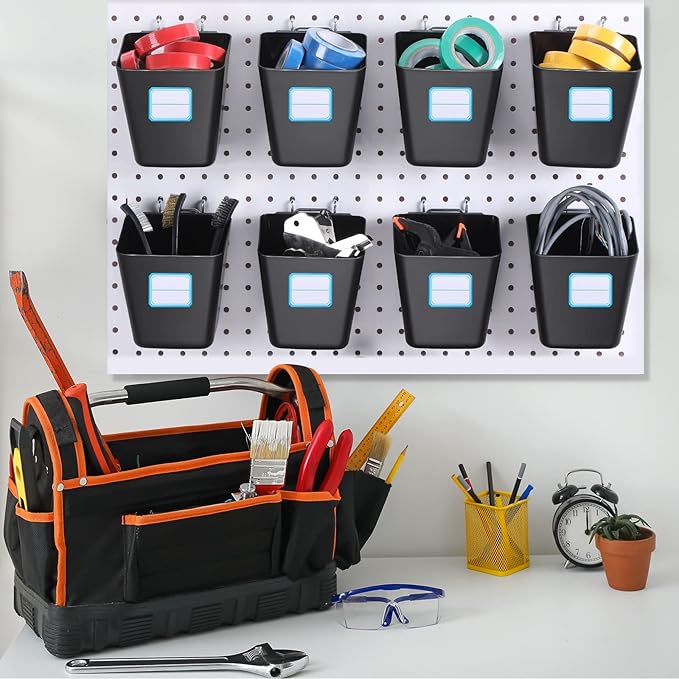 Namalu 12 Pack Peg Board Storage Bins with Labels and Hooks Square Box Shape Pegboard Cup Holder Accessories Pegboard Organiz