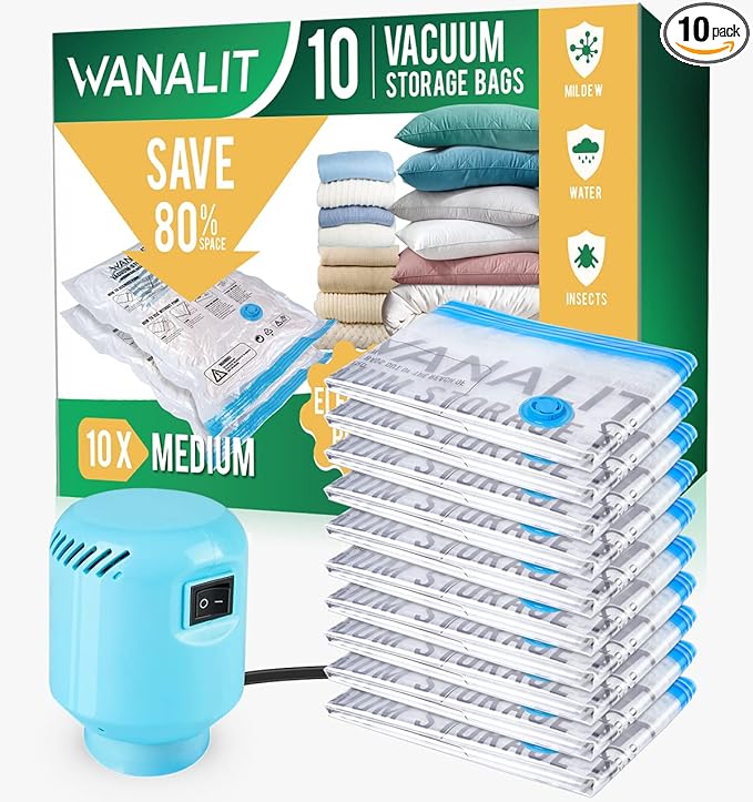 Vacuum Storage Bags with Electric Pump, 10 Pack Medium Size（28"x 18"） Reusable Compression Space Saving Bag for Clothes, Bedd