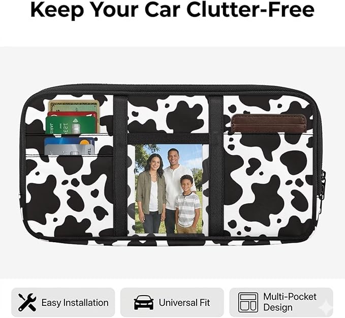 Cow Print Car Sun Visor Organizer Storage Auto Interior Accessories Pocket Organizer - Lightweight Car Truck SUV Storage Pouch Holder, with Multi-Pocket Zipper for Card, Document
