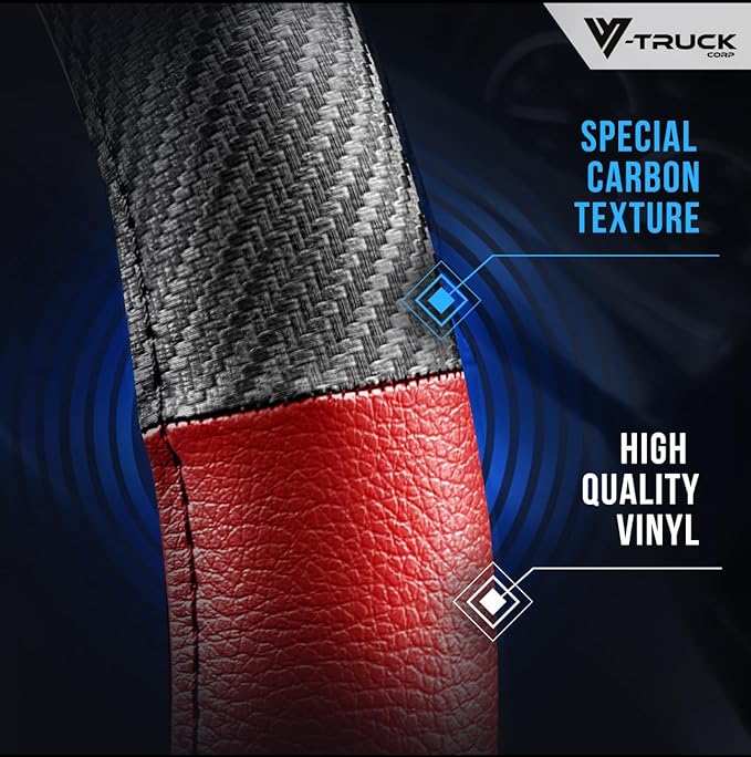 18-Inch Genuine Leather Steering Wheel Cover for Semi Trucks – Red with Black Carbon Fiber Imitation, Heavy-Duty Non-Slip Grip, Universal Fit, Easy Installation