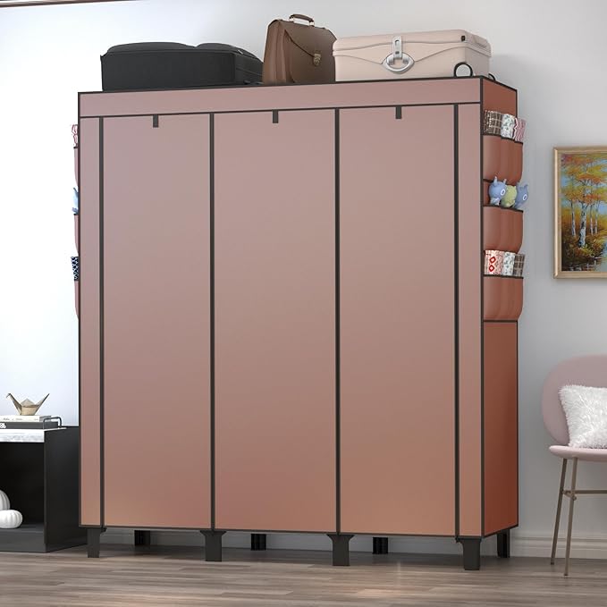 Portable Wardrobe with 10 Storage Racks and 2 Hanging Poles 6 Side Pockets Fleece Cover, Size 130 x 45 x 172 cm, Bedroom Clos