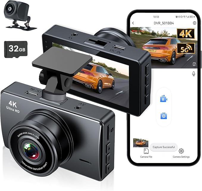 Dash Cam Front and Rear, Dash Camera for Cars 4K+1080, Dashcam Built-in WiFi, APP Control, 32GB Card Included, 3" IPS Touch S