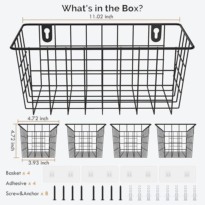 MaraFansie Hanging Kitchen Baskets Wire Storage Basket Adhesive and Screws Basket Over the Cabinet Door Organizer with Adhesi