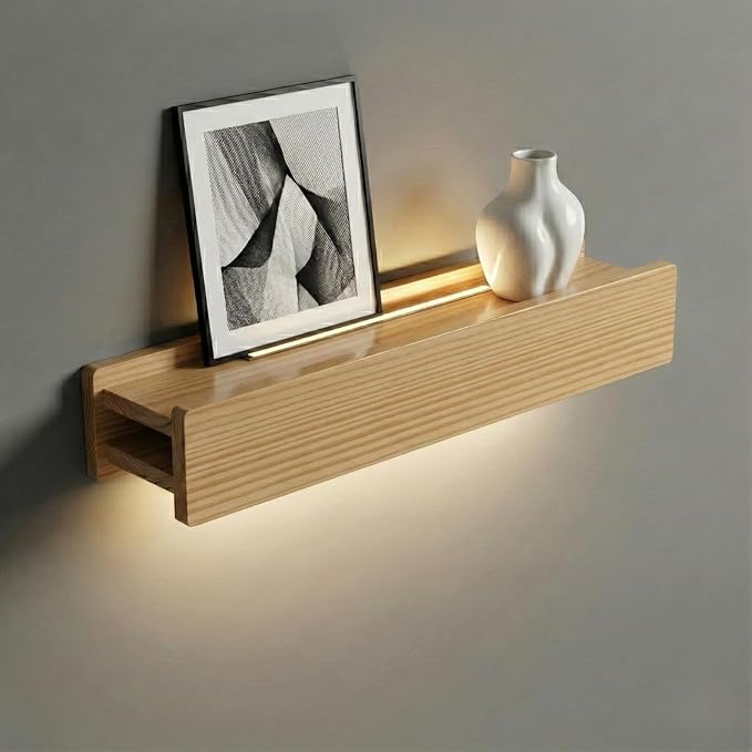 24" Natural Wood LED Floating Shelf, Heavy Duty Solid Pine Decorative Wall Mounted Shelf with Soft Ambient Lights, Minimalist